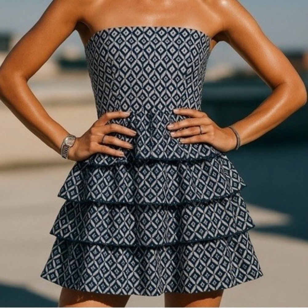 White House Black Market Strapless Navy Patterned Dress